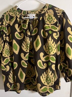 Calypso St Barth Boho Print Blouse Women Medium Green Black Peasant Top